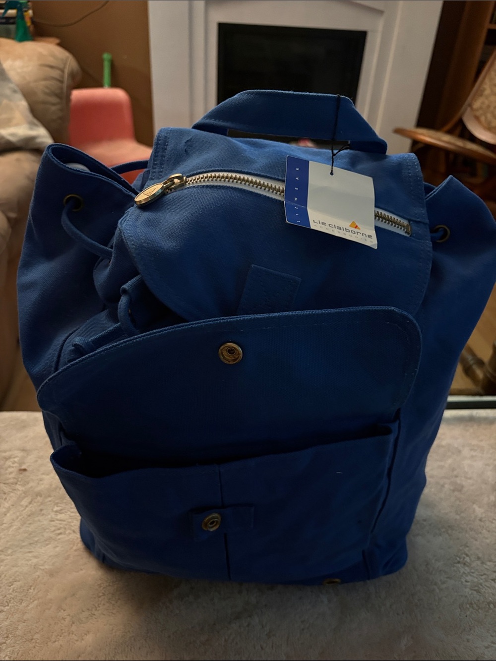 Vintage Liz Claiborne Blue Canvas Drawstring Backpack with Front Pocket